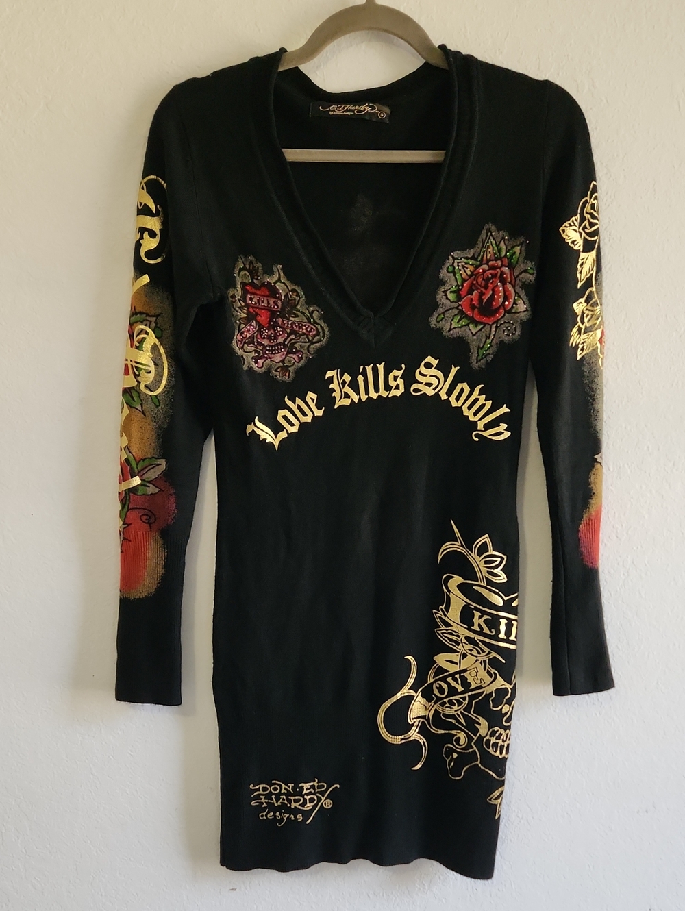 ​Vintage Y2k Grunge Ed Hardy "Love Kills Slowly" Long Sleeve Dress S Cybercore